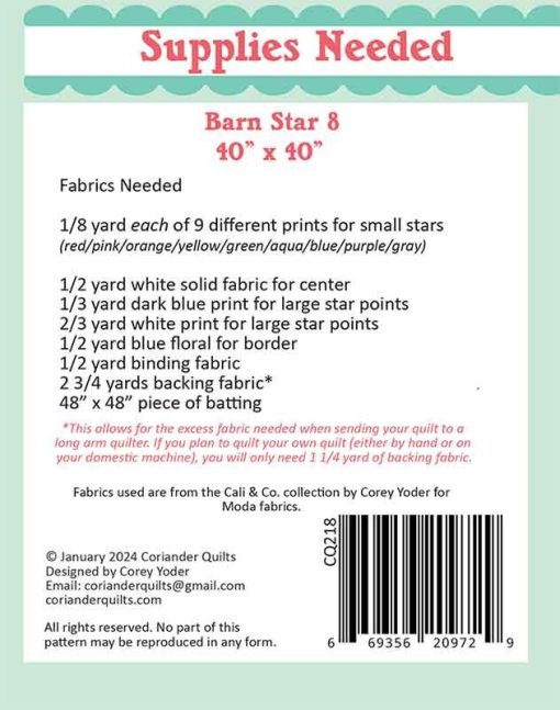 Barn Star 8 Quilt Pattern by Coriander Quilts - Image 2