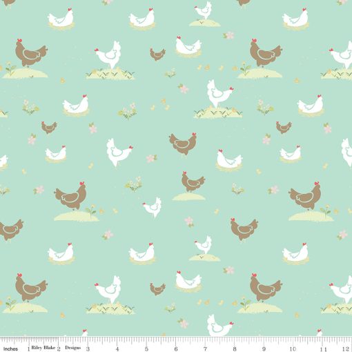 Clover Farm Mint Chickens Yardage by Gracey Larson for Riley Blake Designs