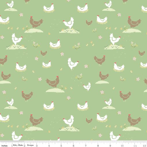 Clover Farm Pistachio Chickens Yardage by Gracey Larson for Riley Blake Designs