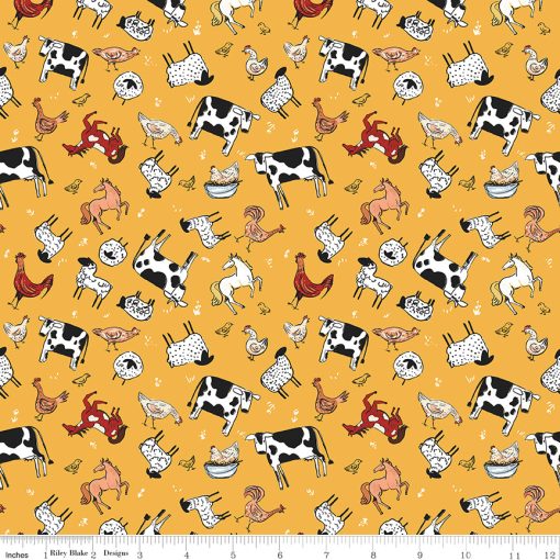 Farm Livin' Yellow Animal Toss Yardage by Diane Labombarbe for Riley Blake Designs