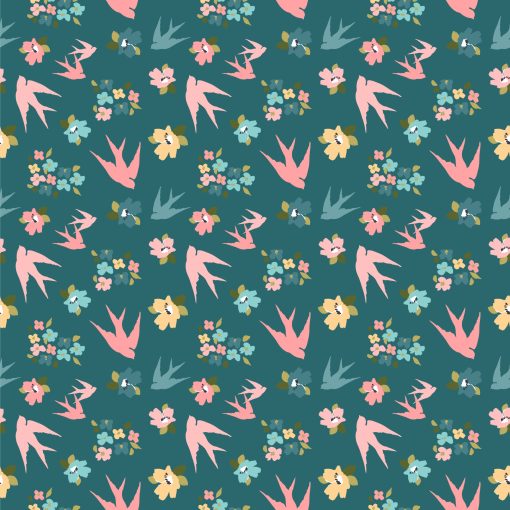 Treasured Threads Teal Swallow Tail Yardage by Lori Woods for Poppie Cotton Fabrics